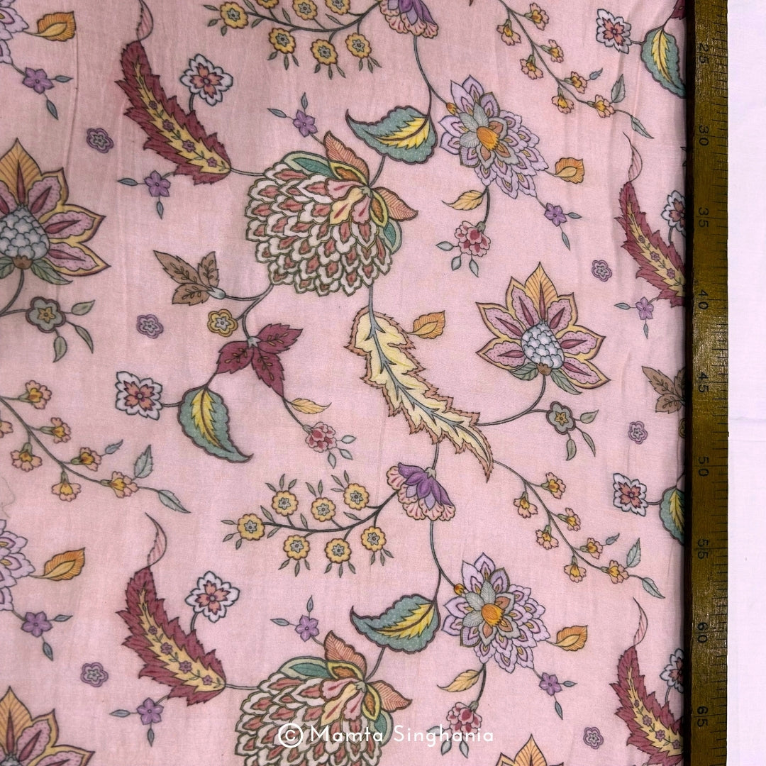 Pink Floral Pichwai Printed Mul Chanderi Fabric