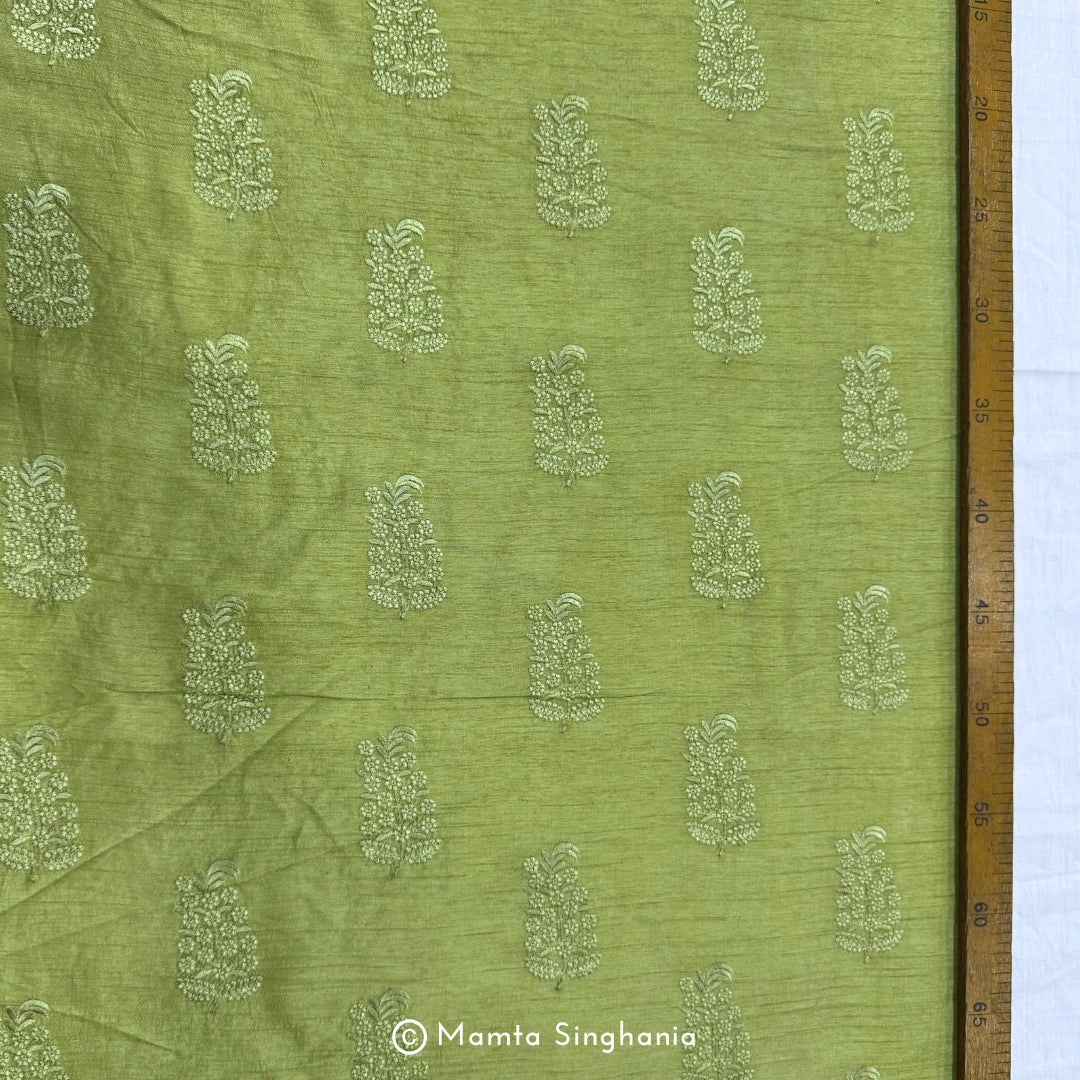 Green Floral Embroidered Raw Silk Fabric