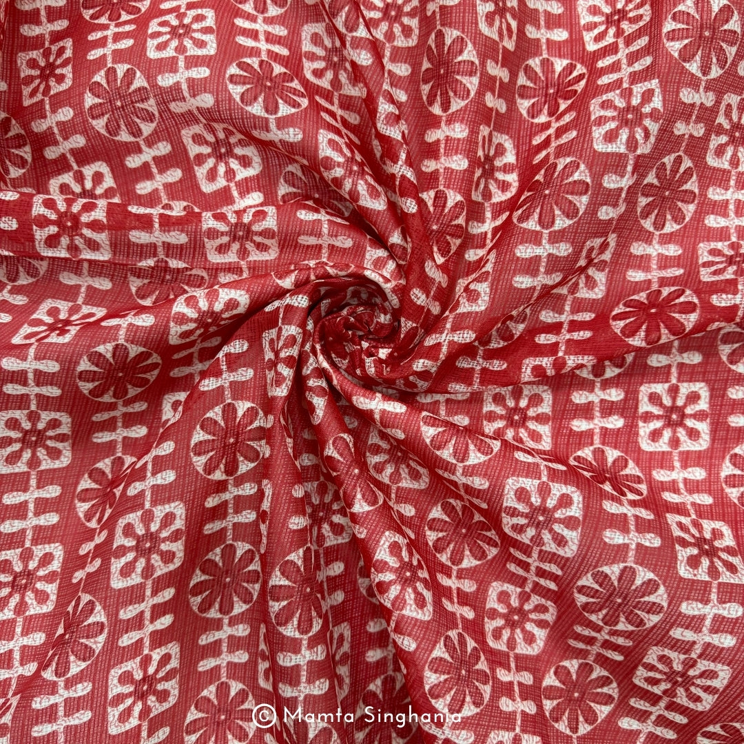Red Floral Printed Kota Doria Fabric
