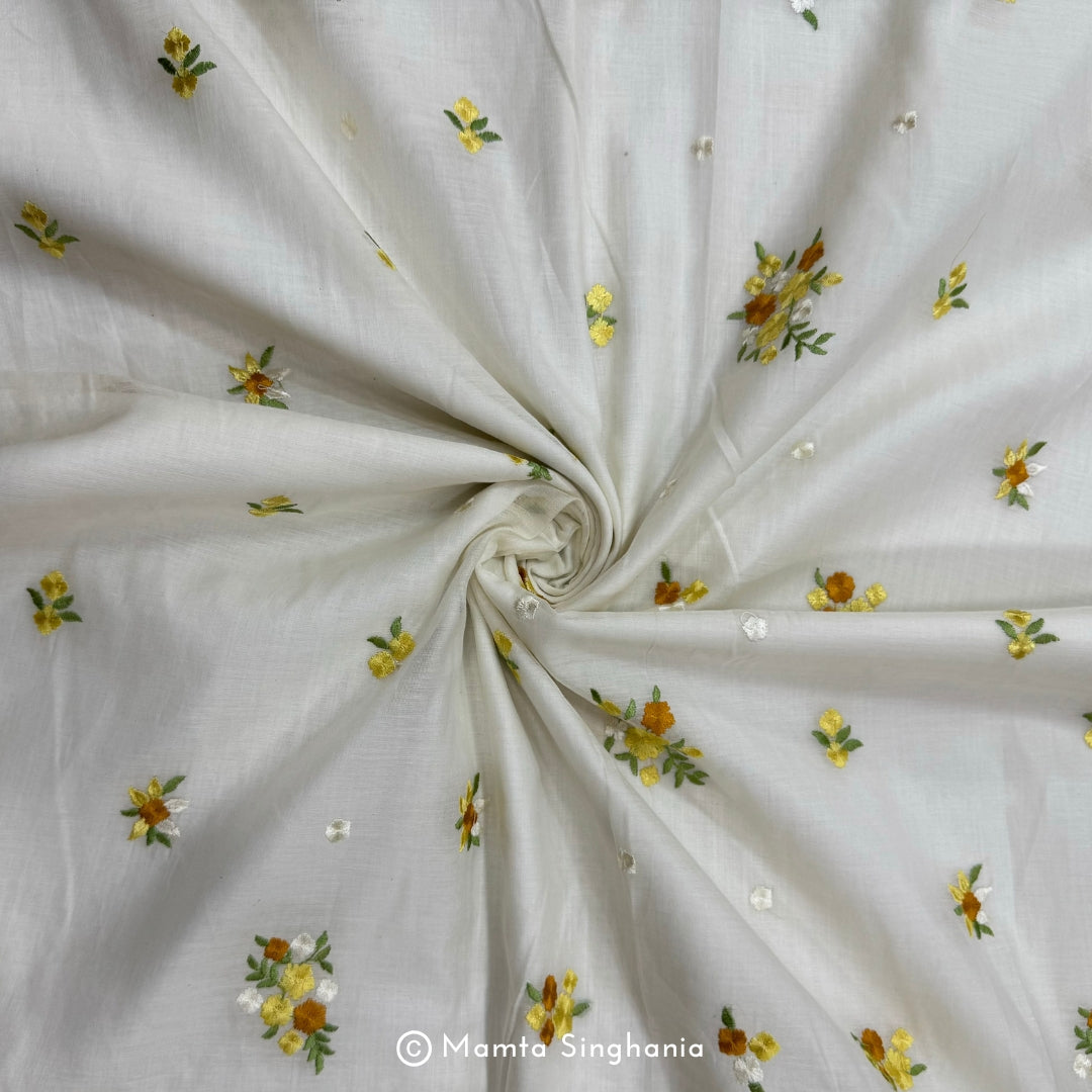 White Floral Embroidered Chanderi Fabric