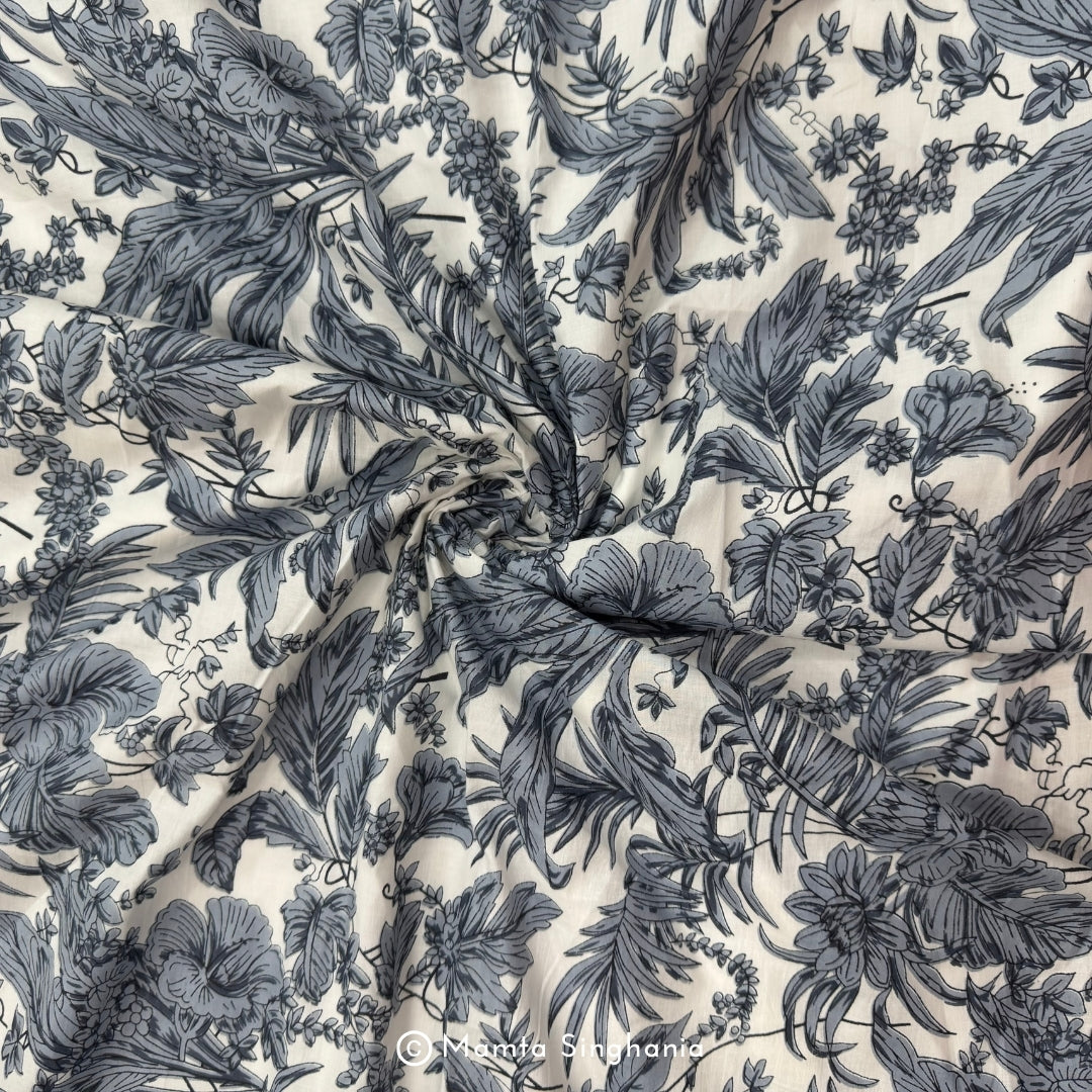 Grey Floral Printed Cotton Fabric