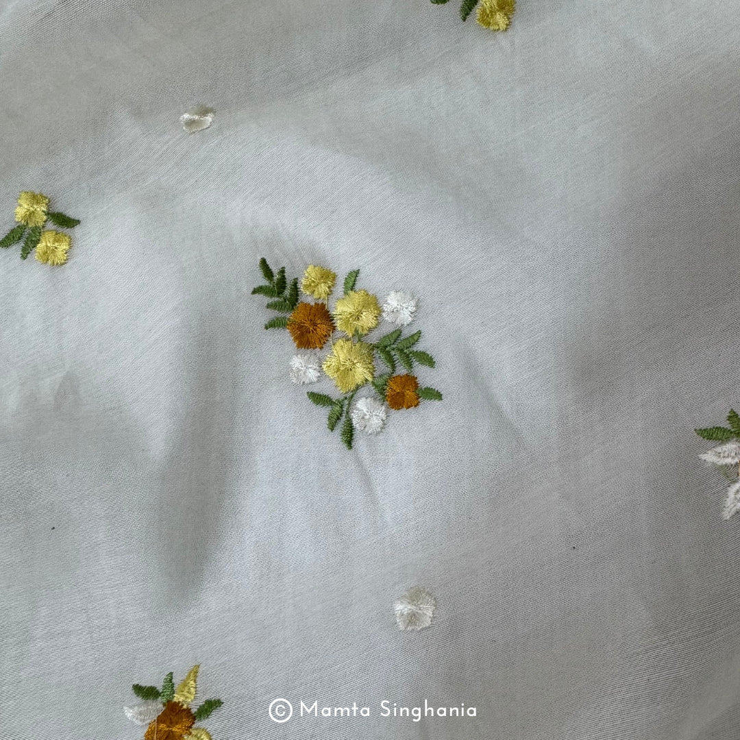 White Floral Embroidered Chanderi Fabric