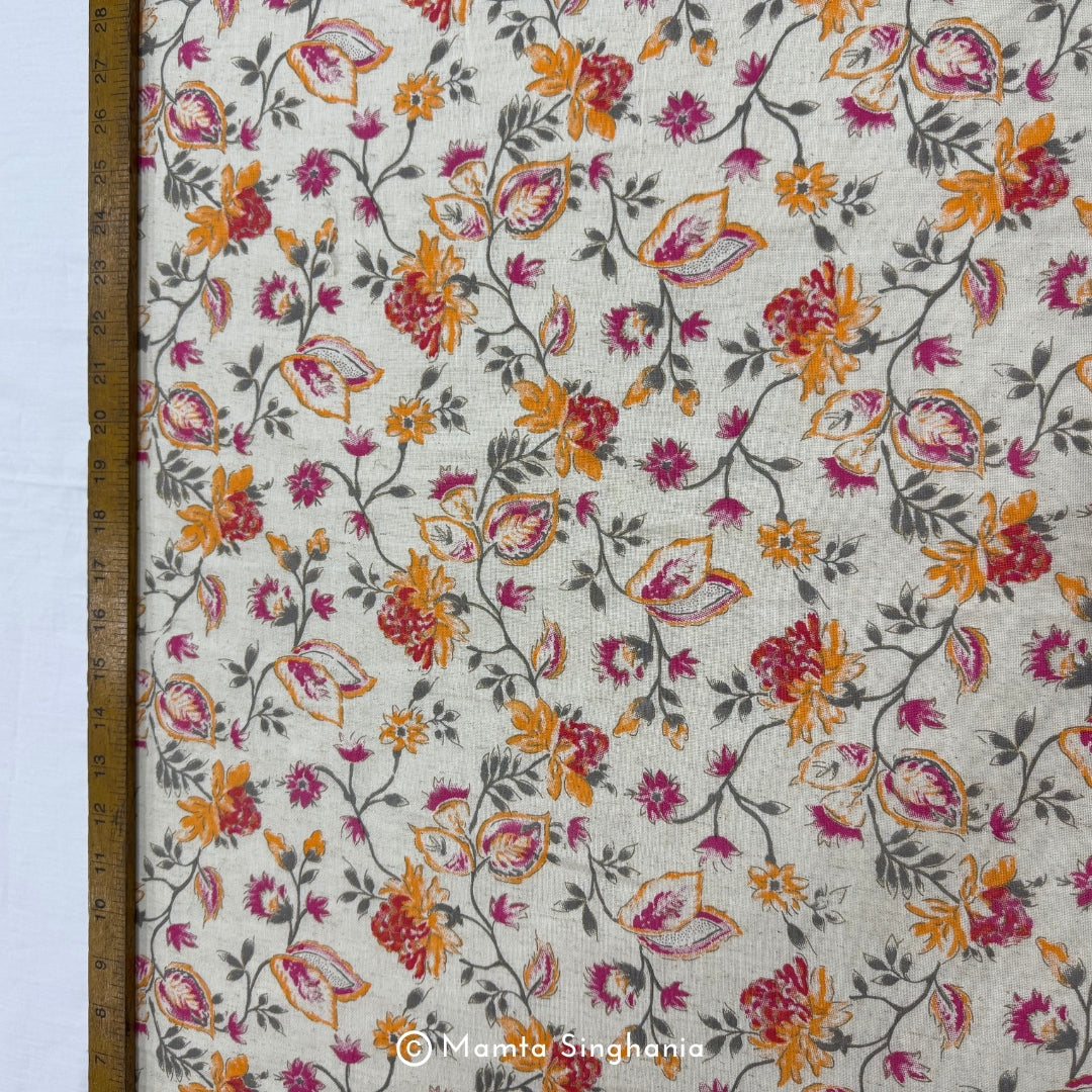 Orange Pink Floral Handloom Cotton Fabric with Foil Print