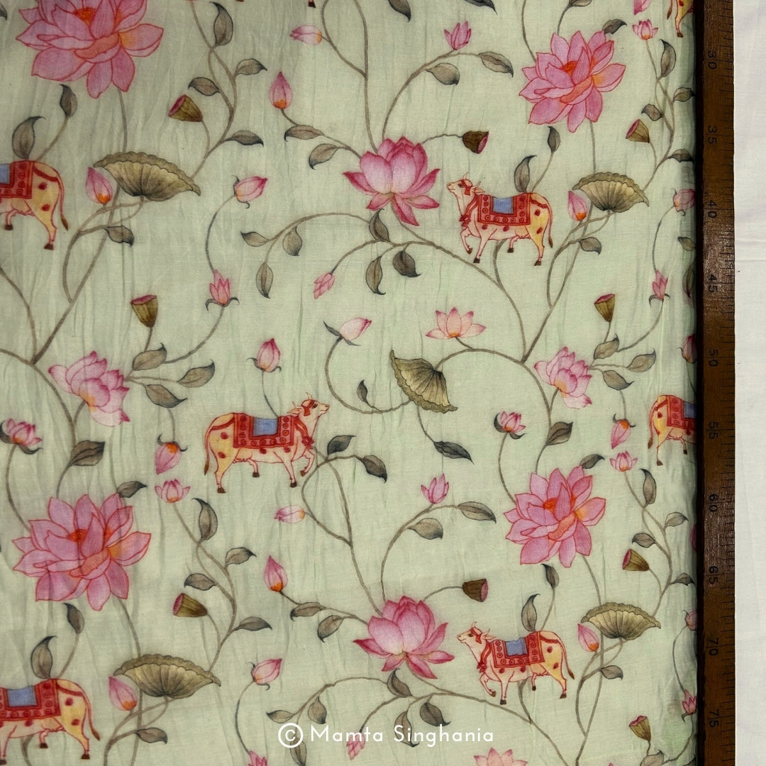 Green Floral Fauna Pichwai Printed Mul Chanderi Fabrics