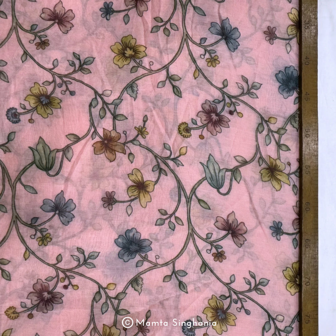 Pink Floral Pichwai Printed Mul Chanderi Fabric