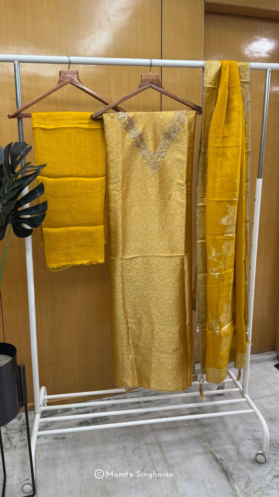 Yellow Zardozi Embroidered Banarasi Brocade Unstitched Suit Set