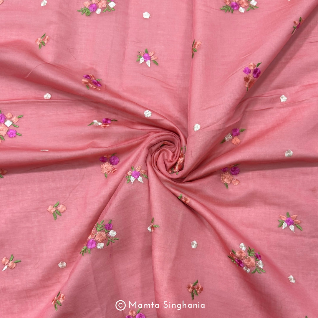 Pink Floral Embroidered Chanderi Fabric