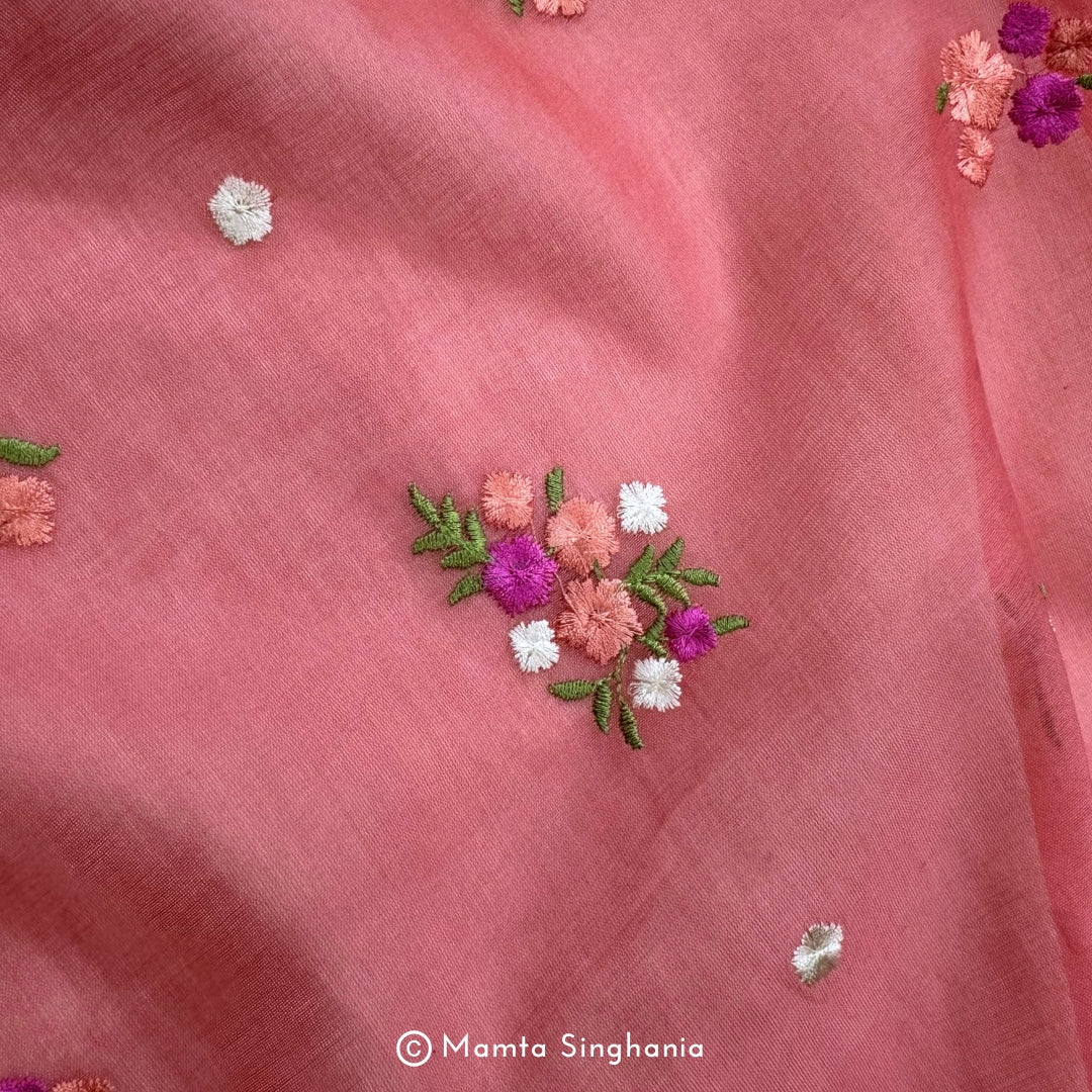 Pink Floral Embroidered Chanderi Fabric