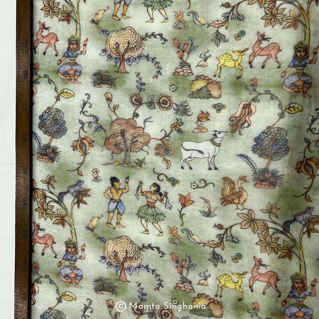 Green Floral Fauna Pichwai Printed Mul Chanderi Fabric