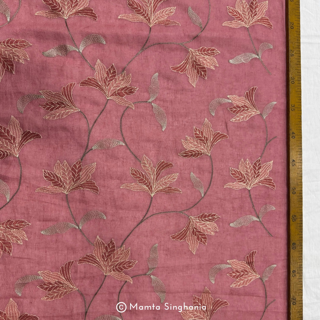 Onion Pink Floral Embroidered Linen Fabric