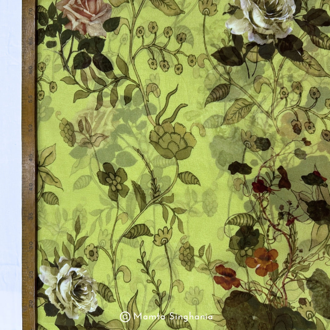 Green Floral Printed Organza Silk Fabric