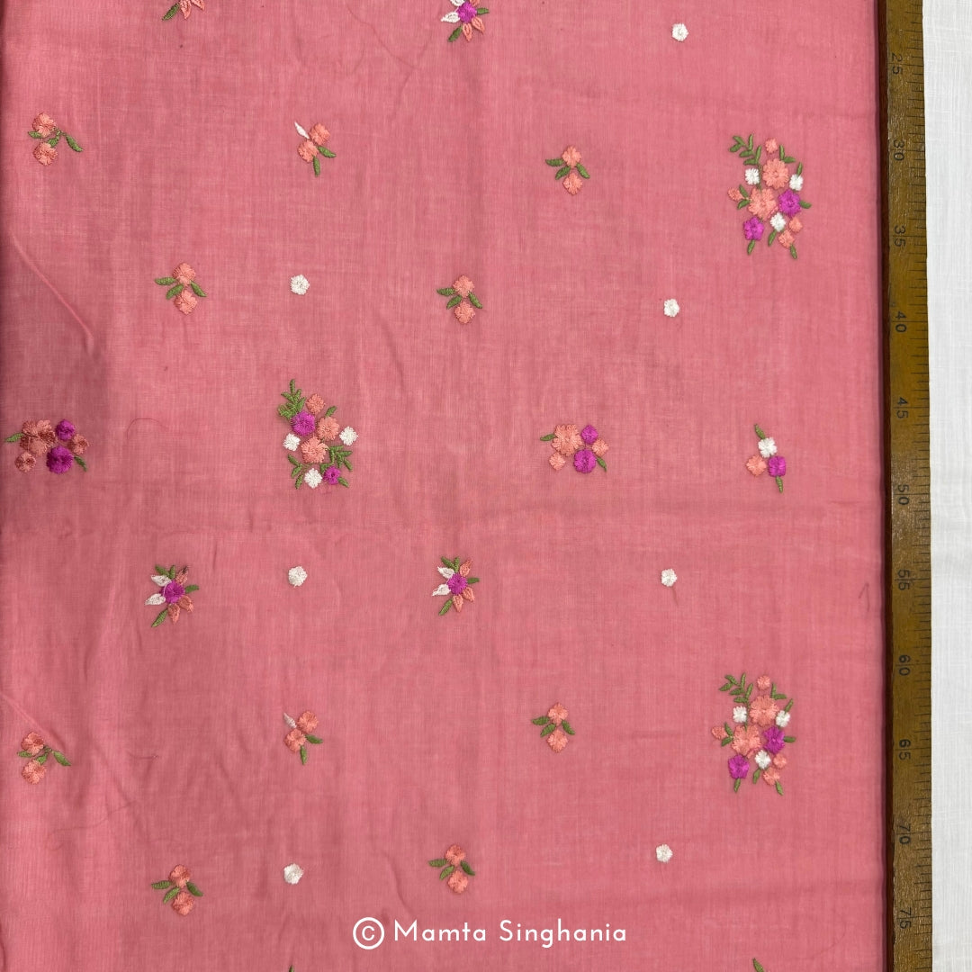 Pink Floral Embroidered Chanderi Fabric