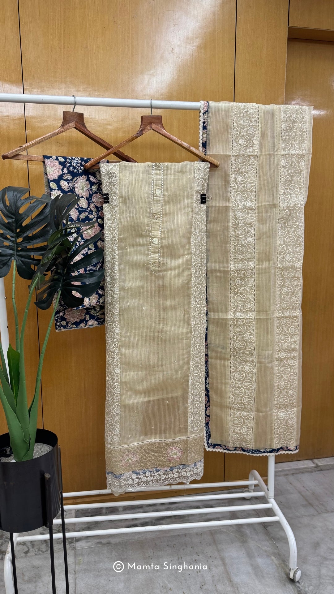 Cream Beige Embroidered Kota Tissue Suit Set