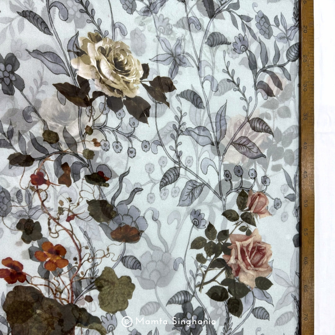 Grey Floral Printed Organza Silk Fabric