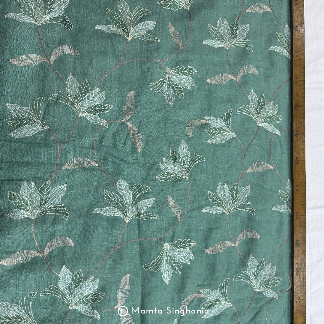 Coral Green Floral Embroidered Linen Fabric