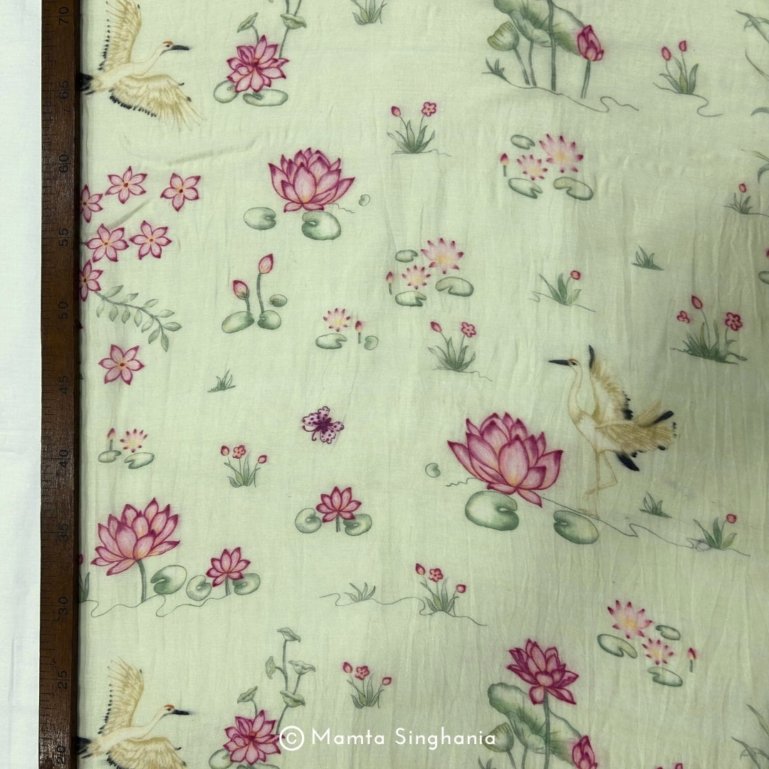 Green Floral Pichwai Printed Mul Chanderi Fabric