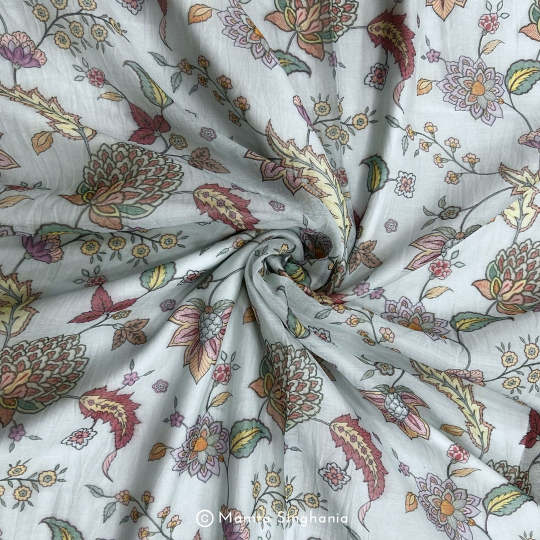 Sky Blue Floral Pichwai Printed Mul Chanderi Fabric