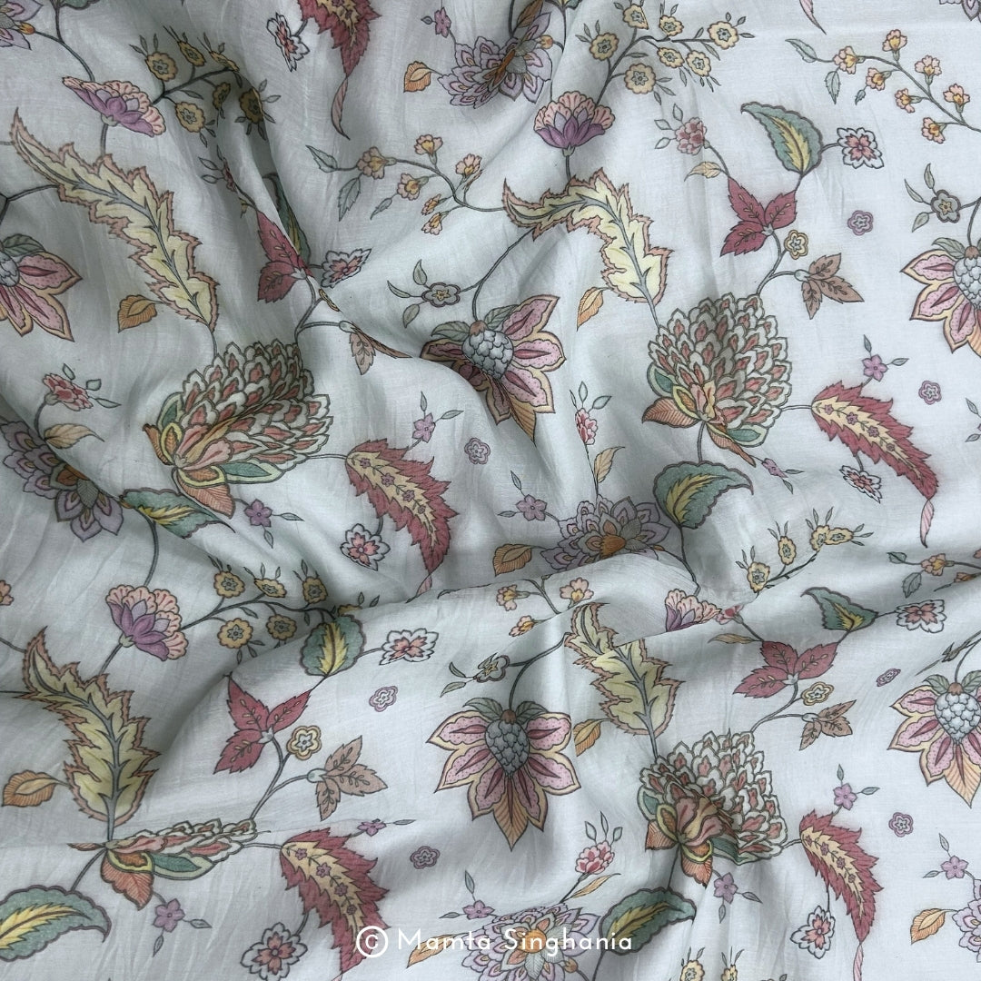 Sky Blue Floral Pichwai Printed Mul Chanderi Fabric