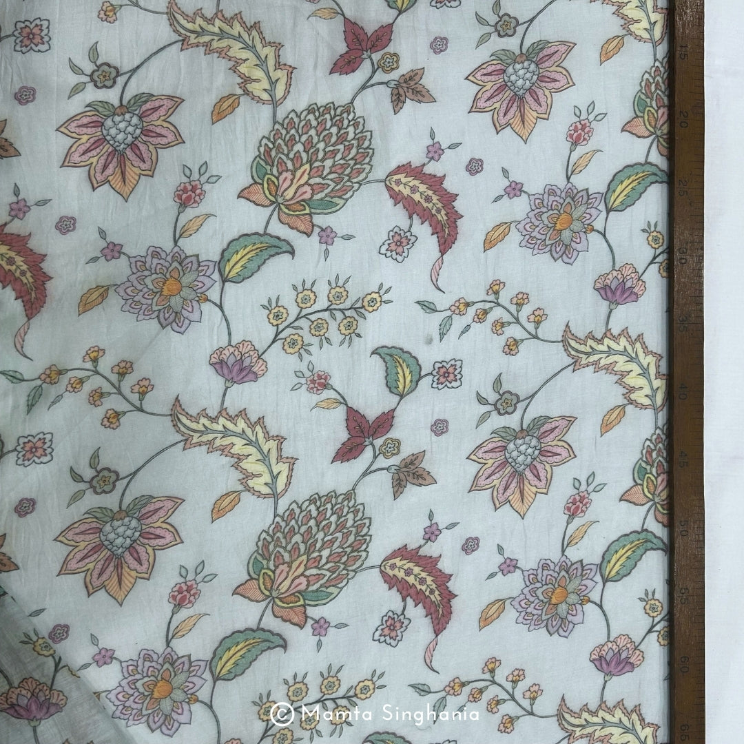 Sky Blue Floral Pichwai Printed Mul Chanderi Fabric