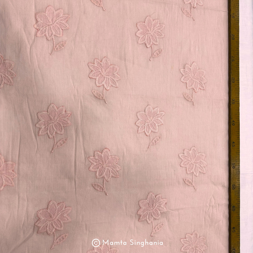 Light Pastel Pink Floral Embroidered Mul Cotton Fabric