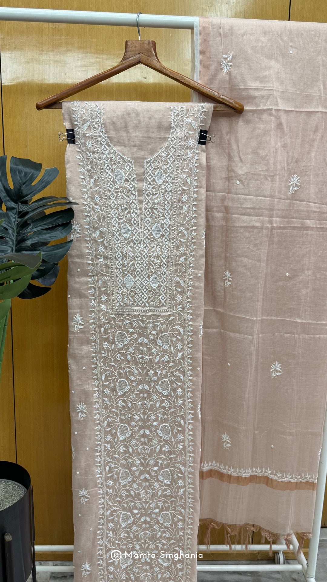Beige Rose-gold Tissue Unstitched Chikankari Suit Set