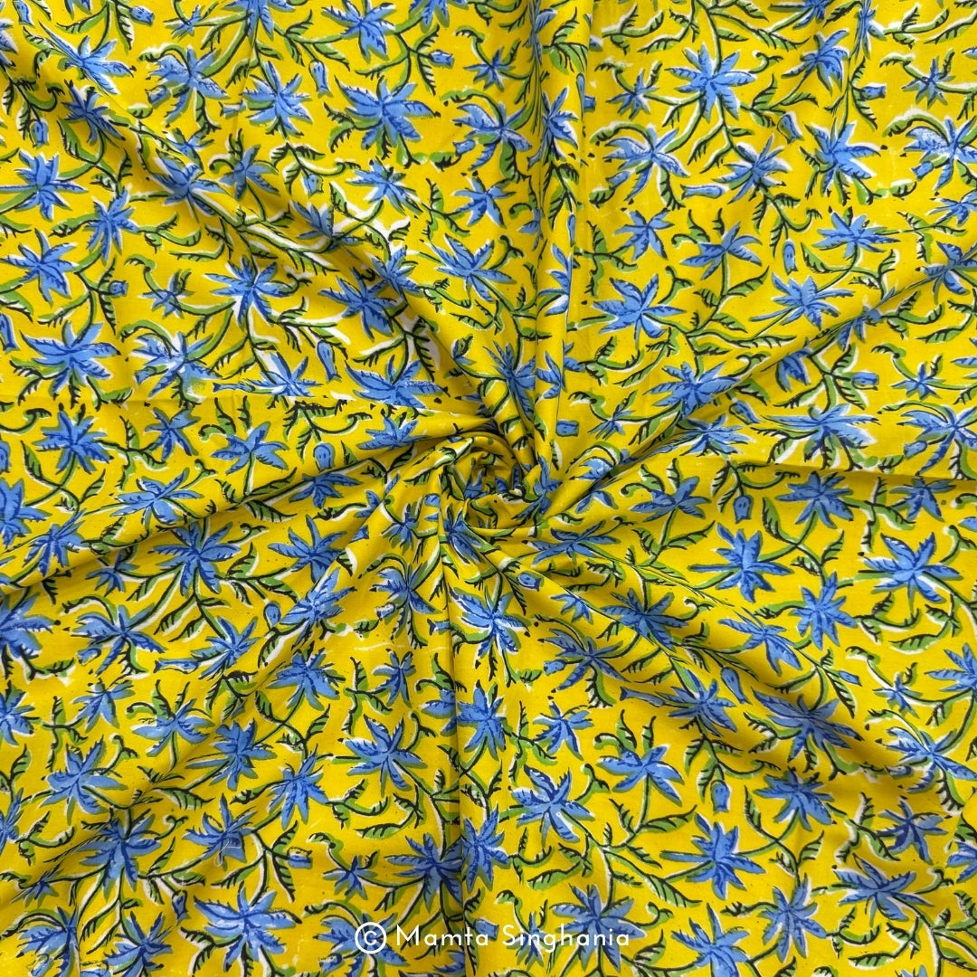 Yellow Blue Floral Printed Cotton Fabric