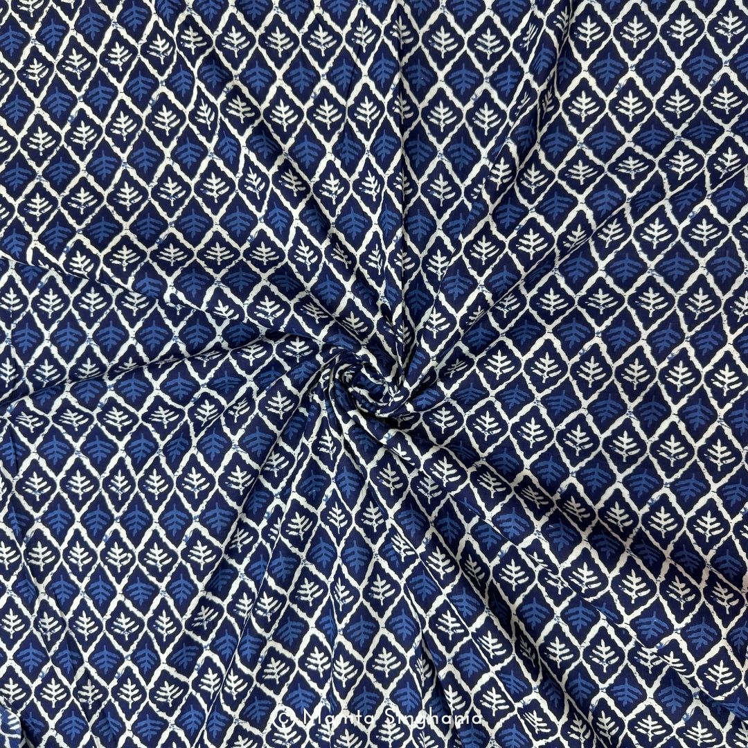 Dark Blue Leaf Printed Cotton Fabric