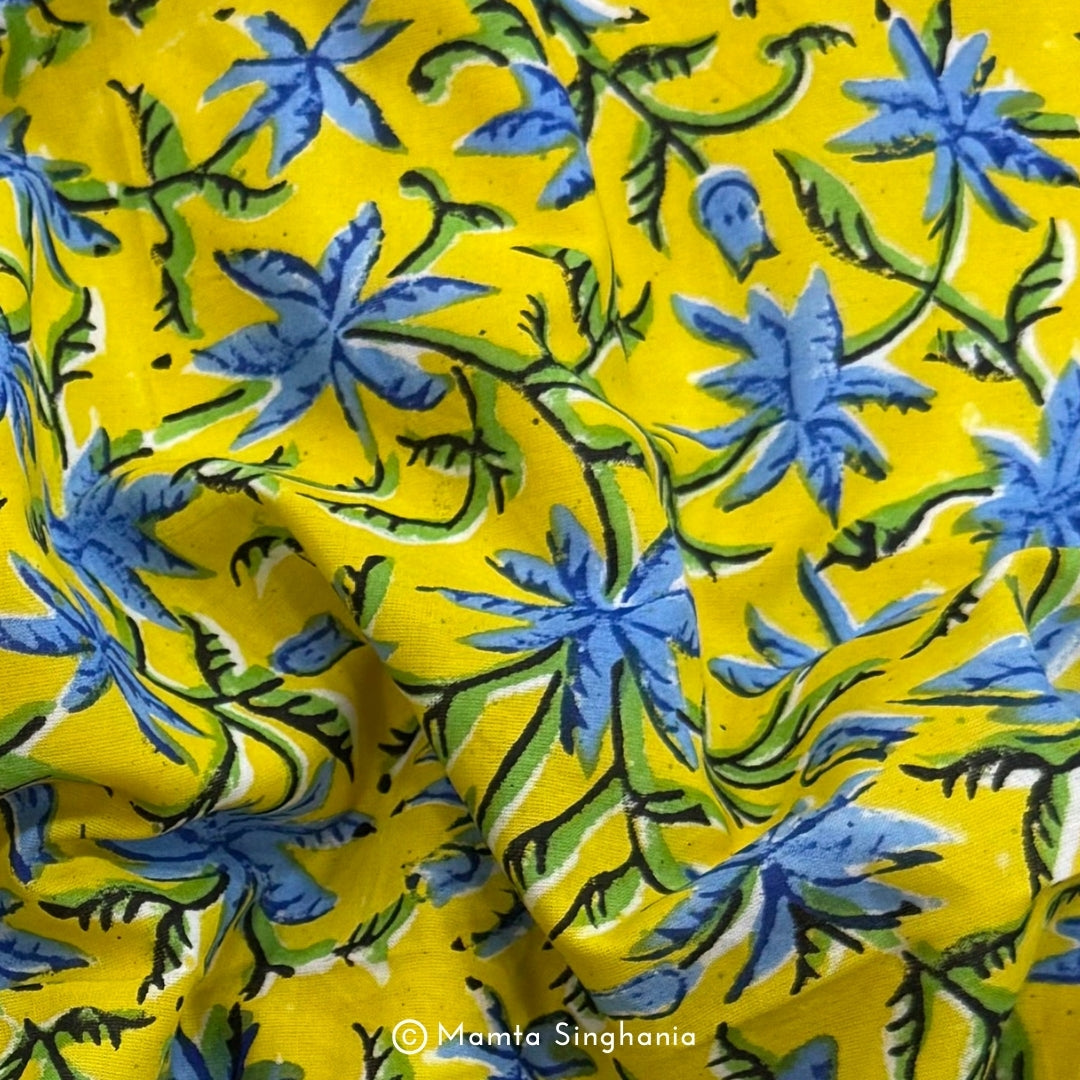 Yellow Blue Floral Printed Cotton Fabric