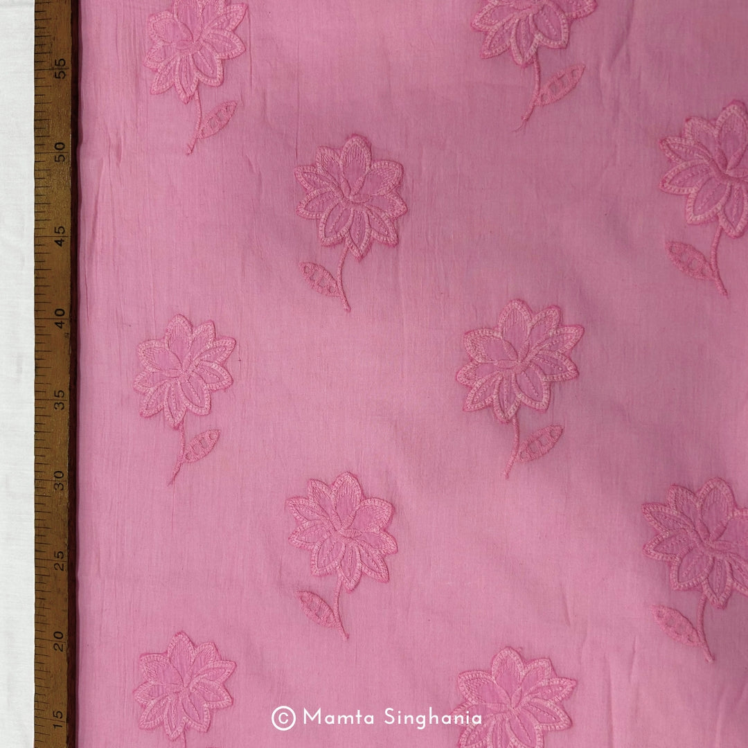 Pink Floral Embroidered Mul Cotton Fabric