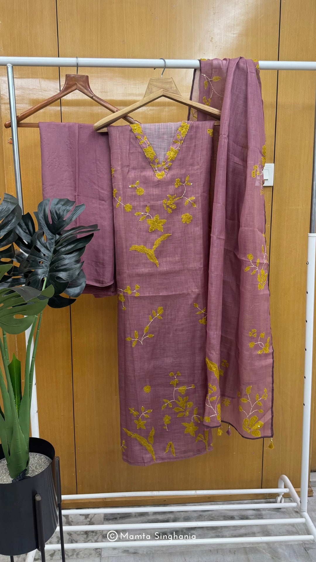 Mauve Kantha Embroidered Unstitched Suit Set