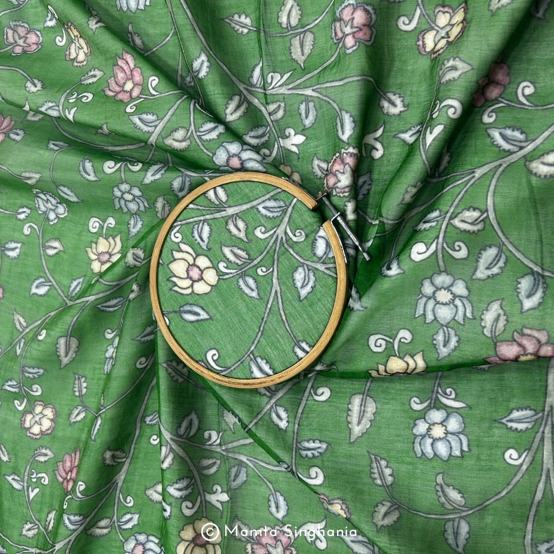 Dark Green Floral Pichwai Printed Mul Chanderi Fabric