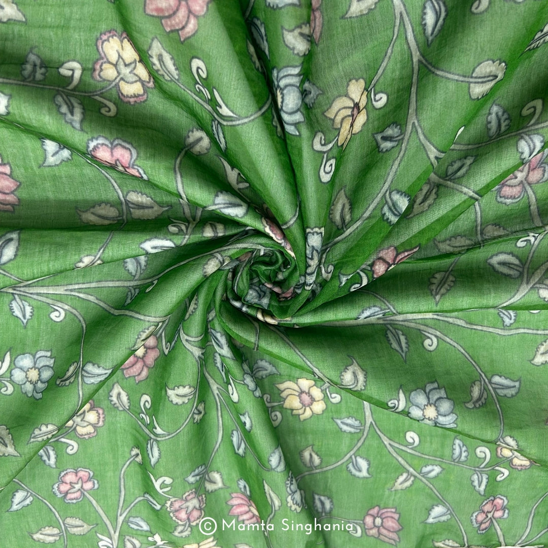 Dark Green Floral Pichwai Printed Mul Chanderi Fabric