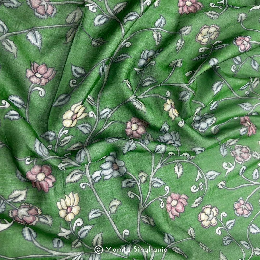 Dark Green Floral Pichwai Printed Mul Chanderi Fabric