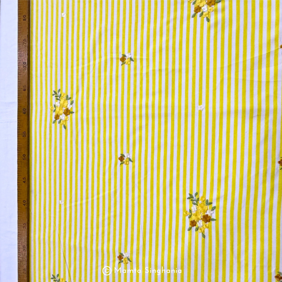 Yellow Floral Embroidered Mul Cotton Fabric 56"