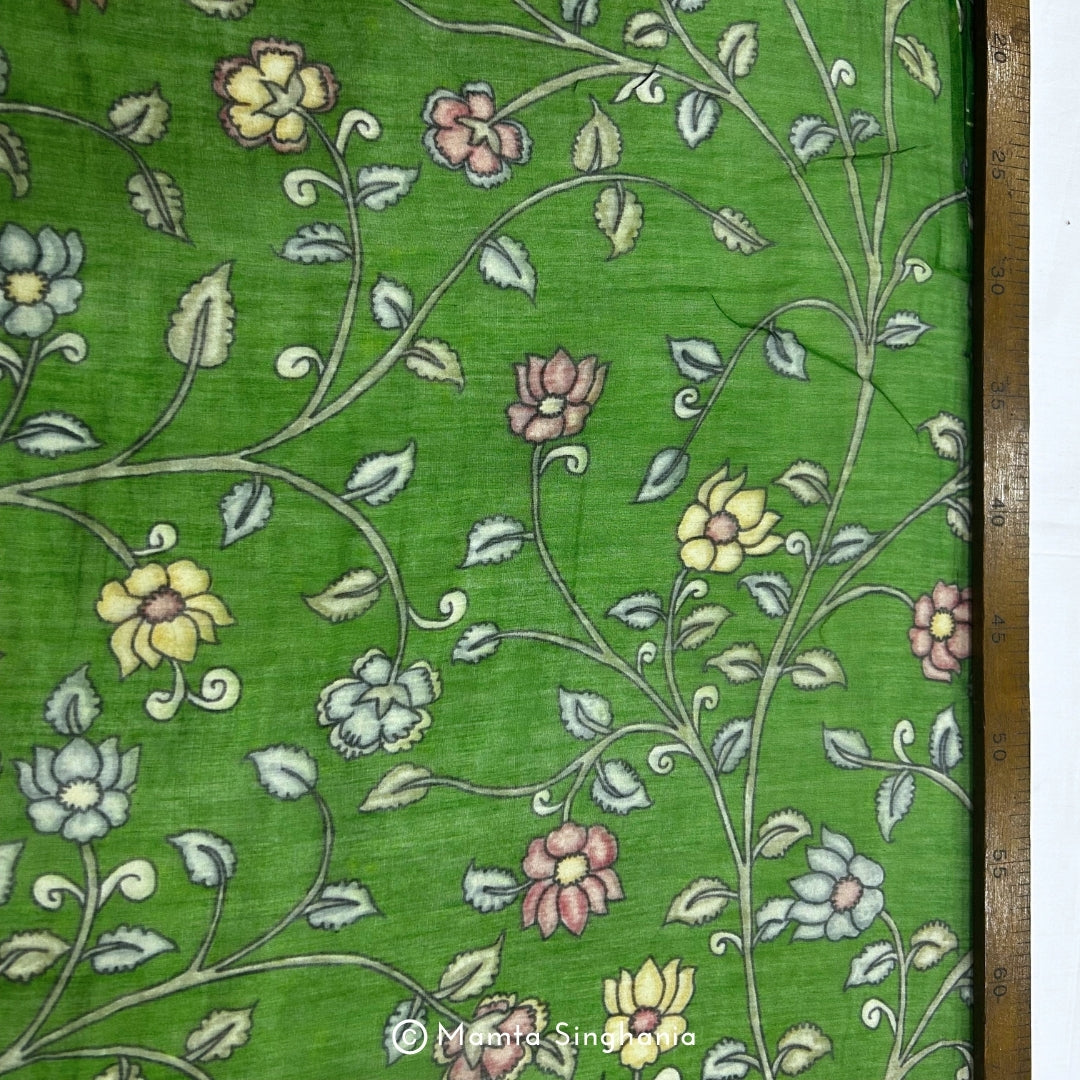 Dark Green Floral Pichwai Printed Mul Chanderi Fabric