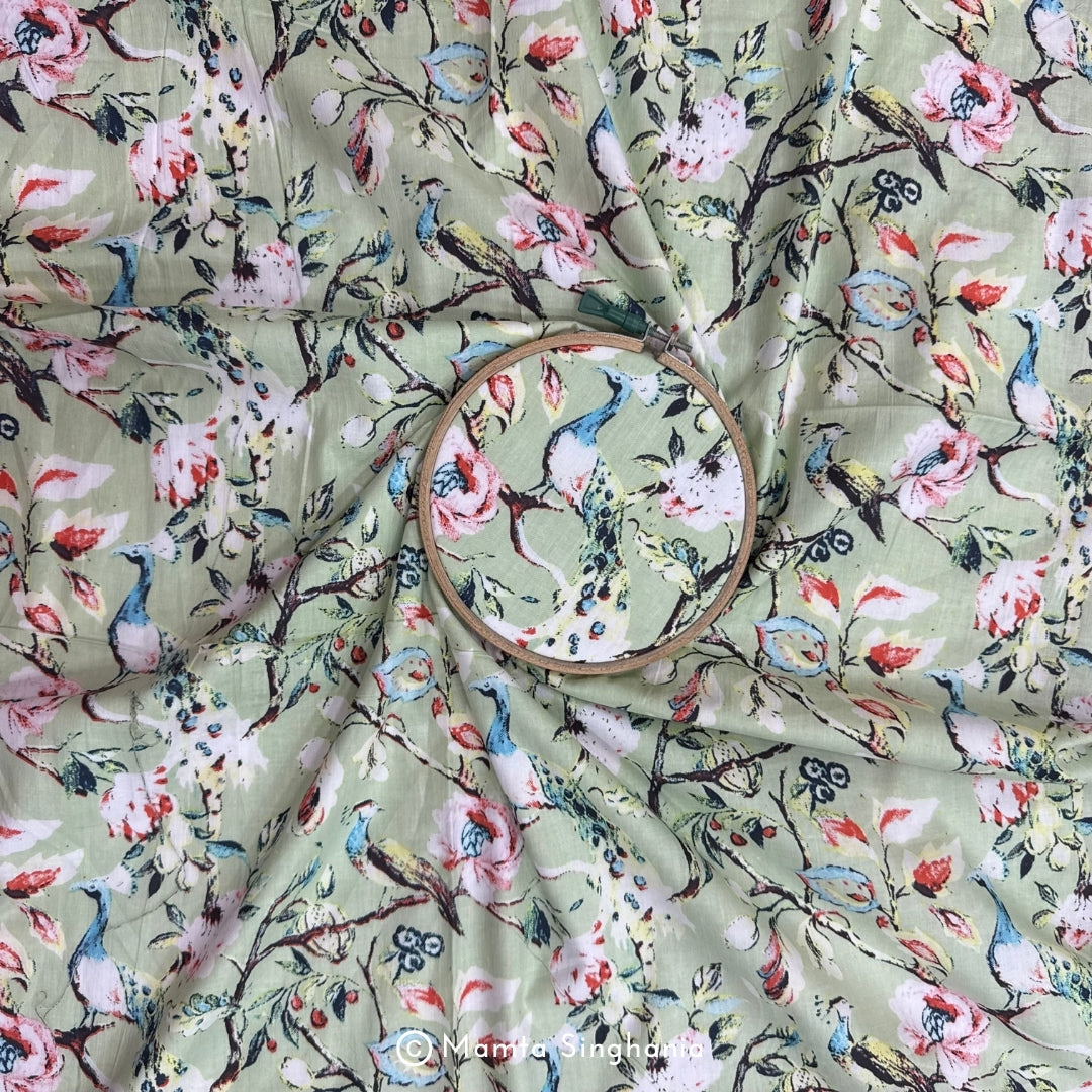 Green Floral Printed Cotton Fabric