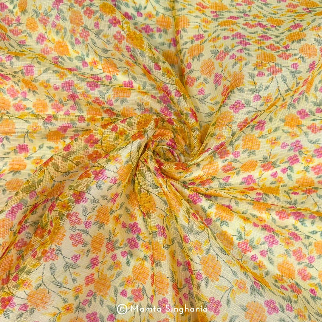 Yellow Floral Printed Kota Doria Fabric