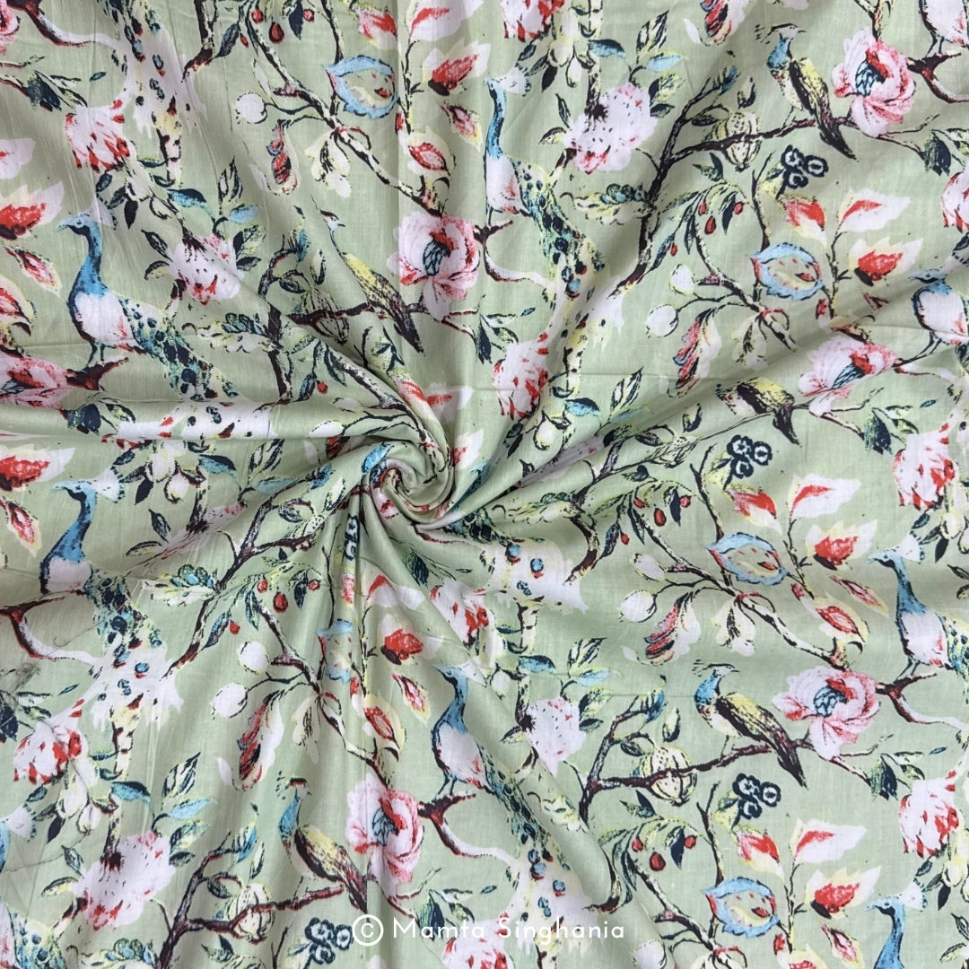 Green Floral Printed Cotton Fabric