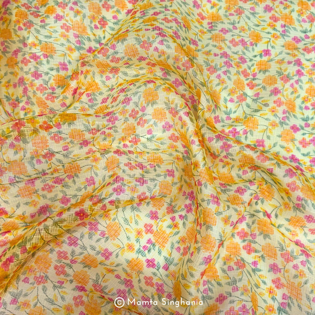 Yellow Floral Printed Kota Doria Fabric