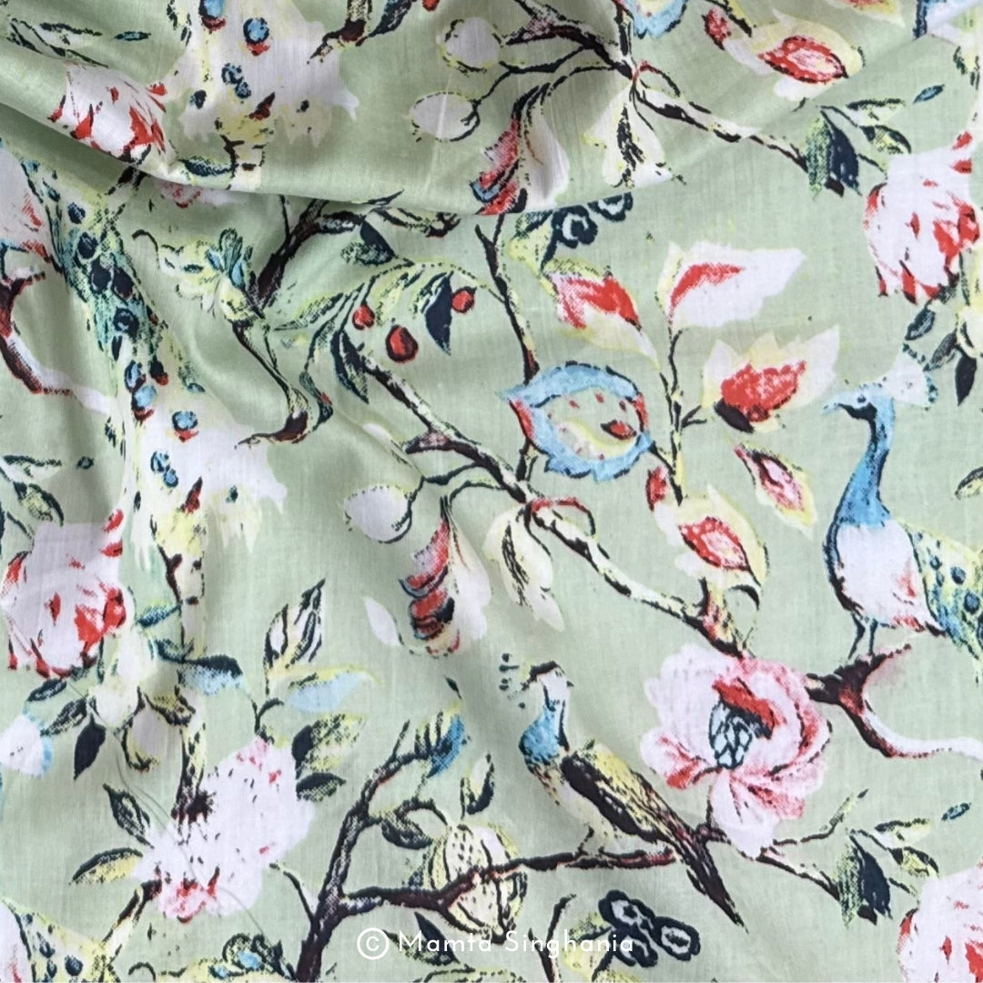 Green Floral Printed Cotton Fabric