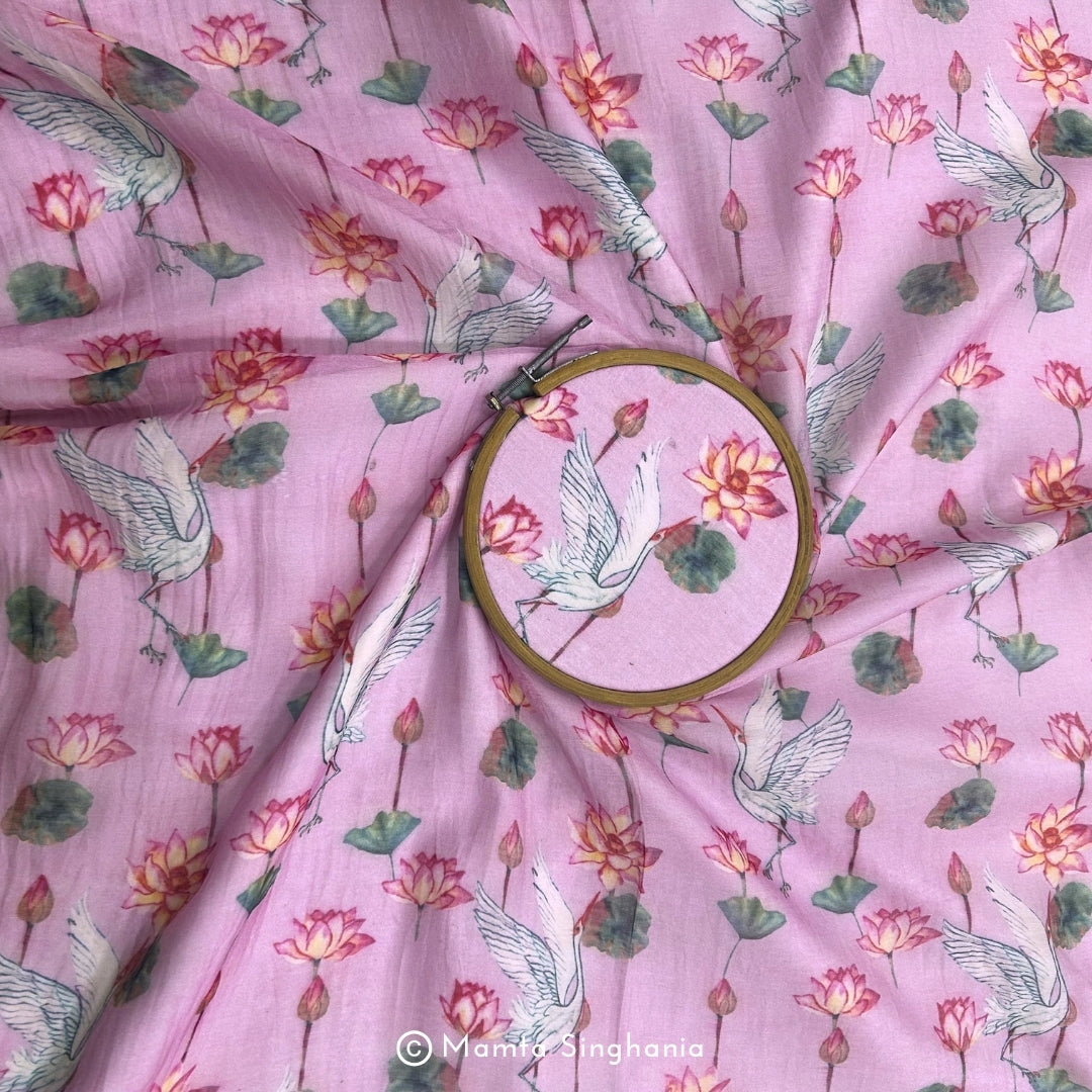 Pink Floral Fauna Pichwai Printed Mul Chanderi Fabric
