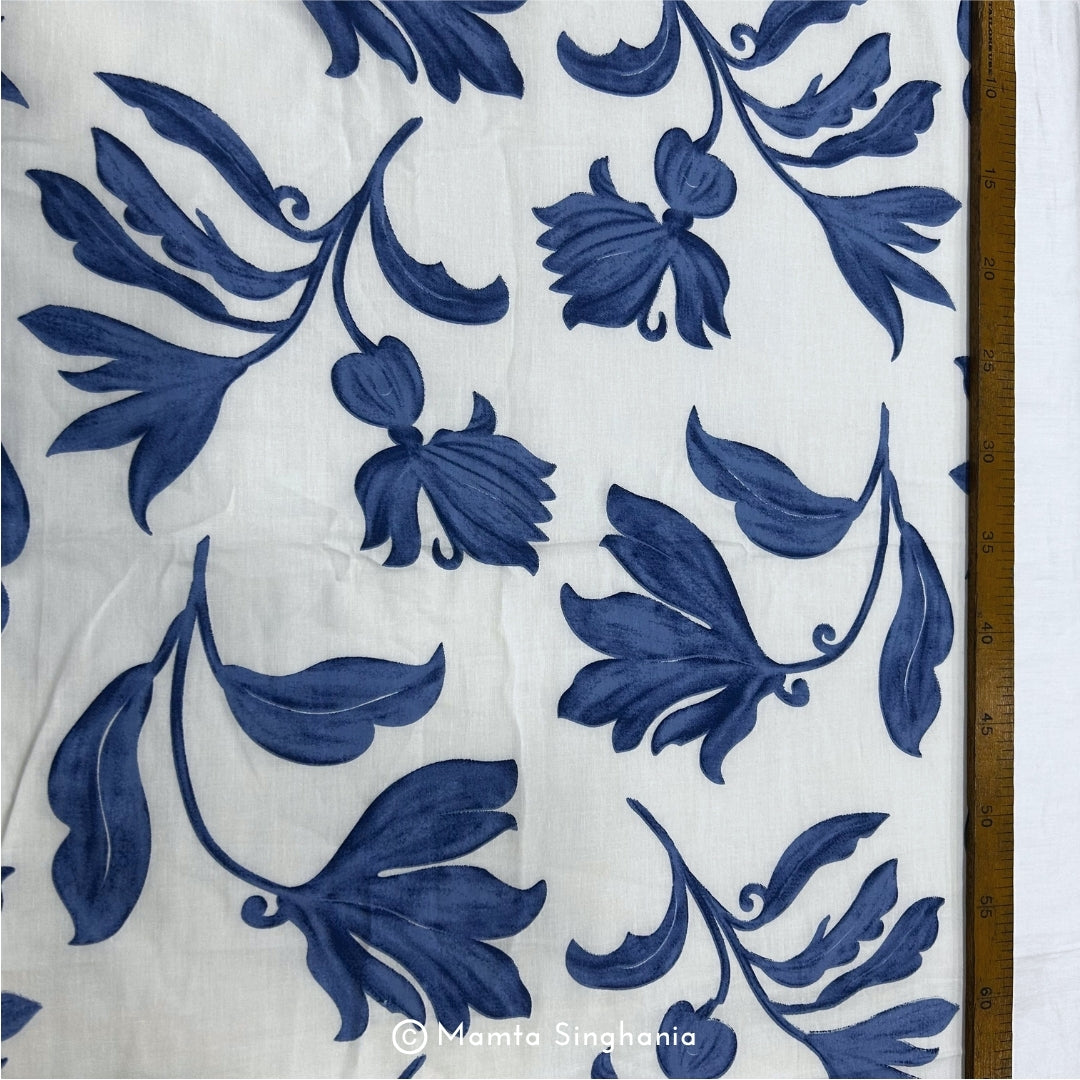 White Blue Floral Printed Cotton Fabric
