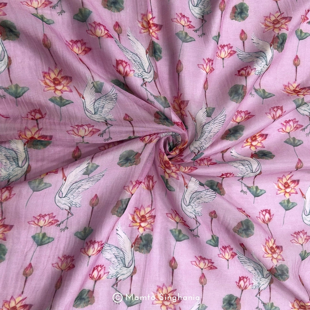 Pink Floral Fauna Pichwai Printed Mul Chanderi Fabric
