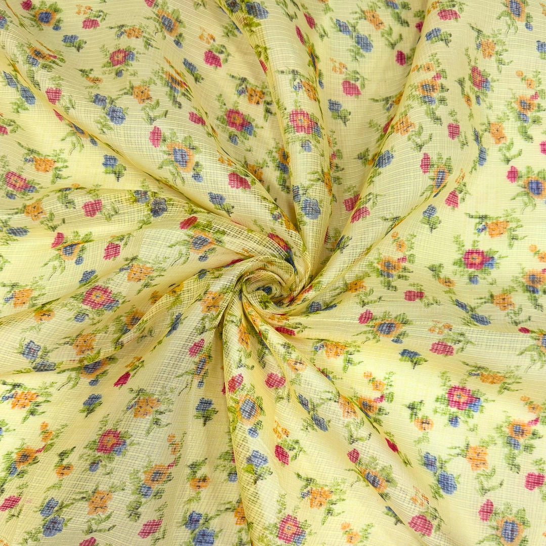 Yellow Floral Printed Kota Doria Fabric