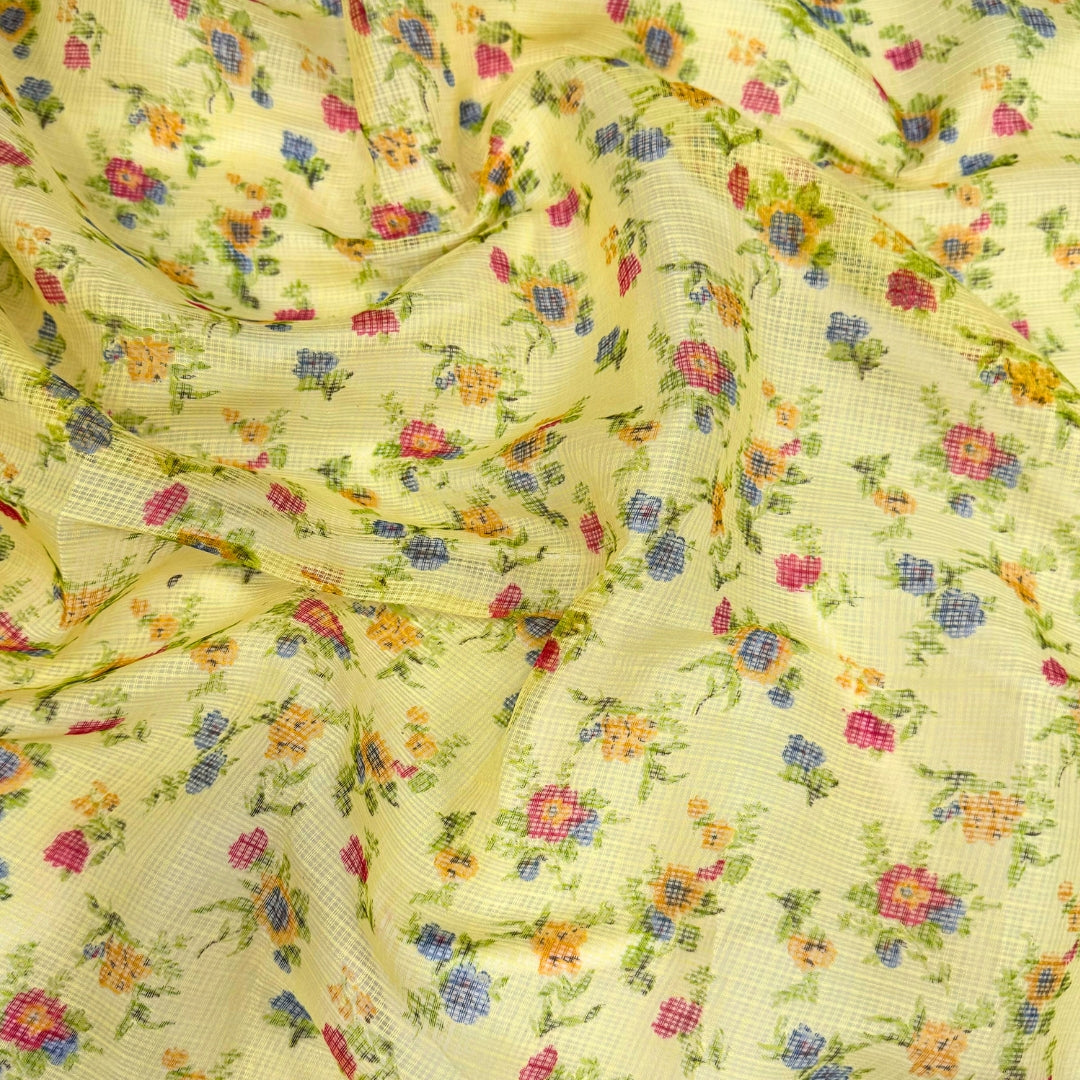 Yellow Floral Printed Kota Doria Fabric