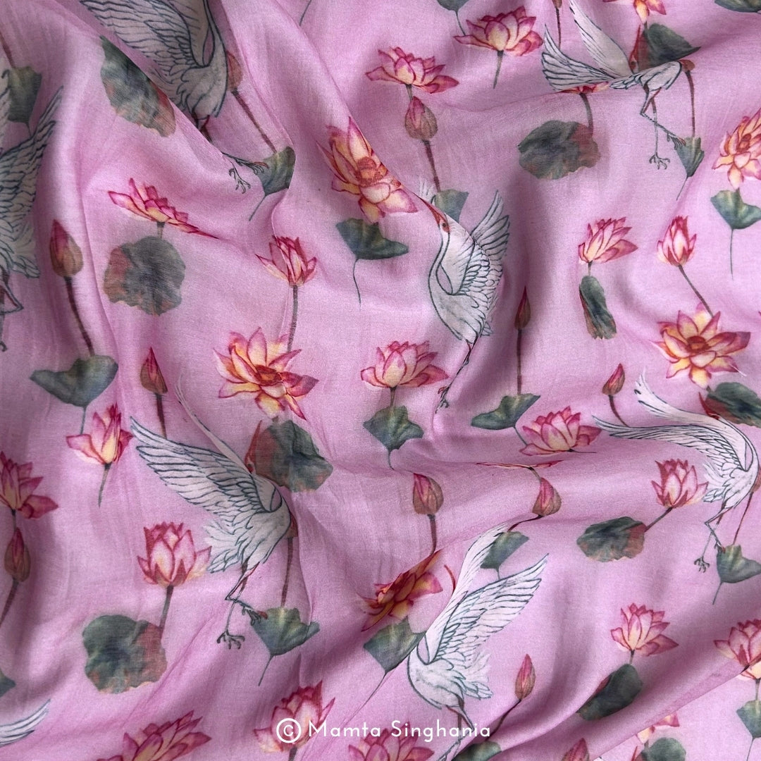 Pink Floral Fauna Pichwai Printed Mul Chanderi Fabric