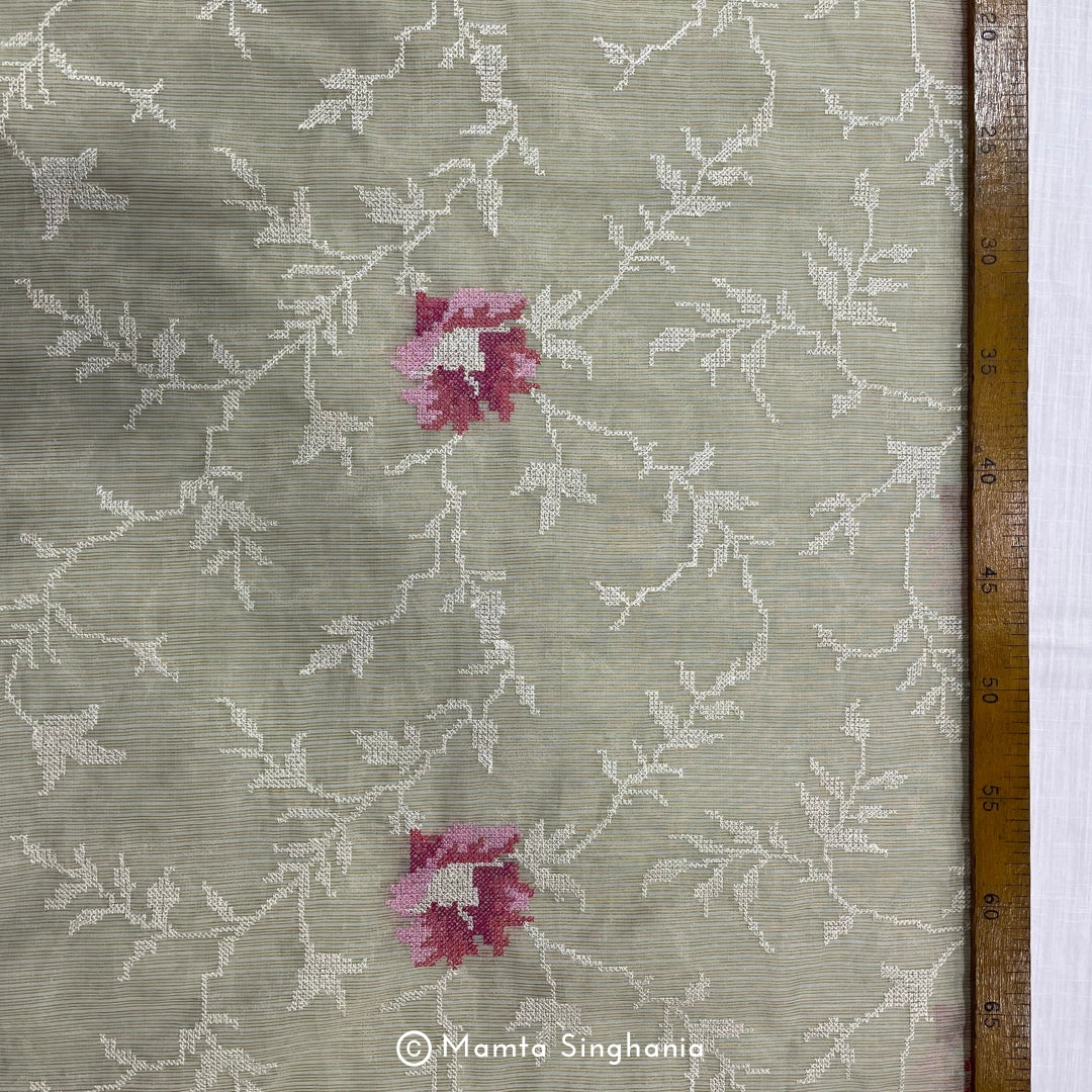 Light Sage Green Floral Embroidered Kota Fabric