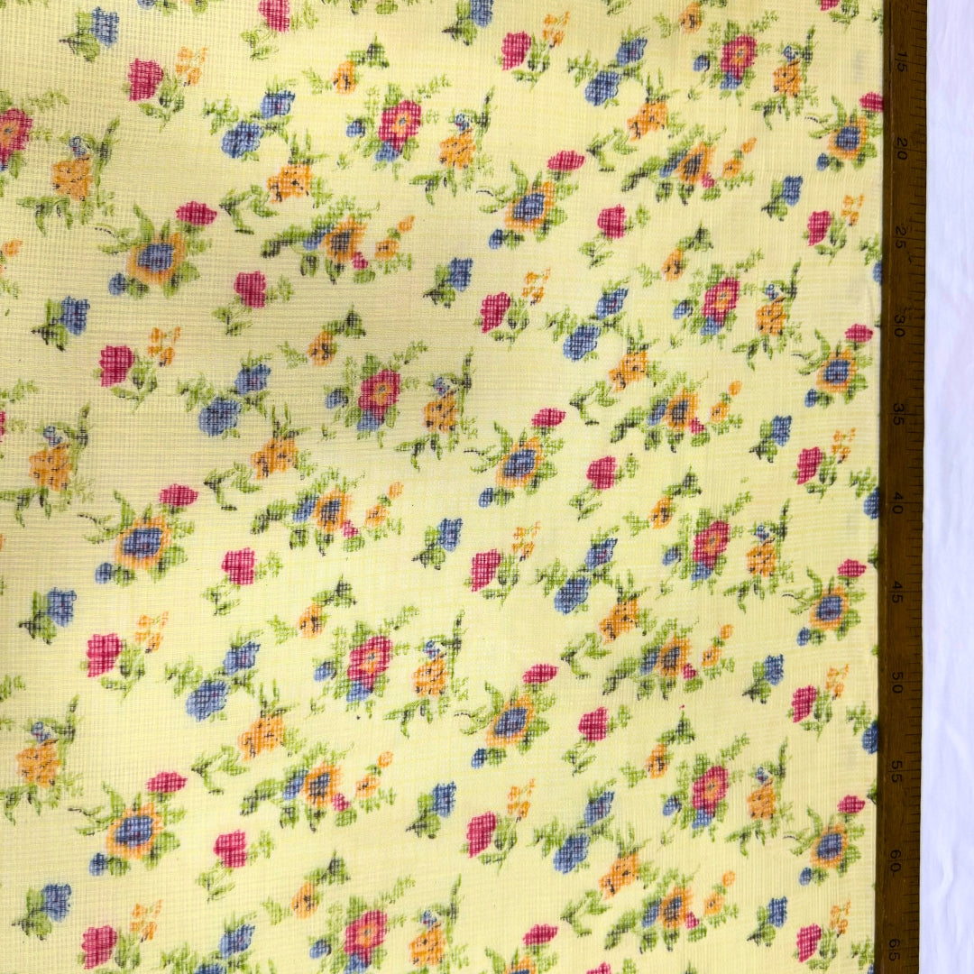 Yellow Floral Printed Kota Doria Fabric