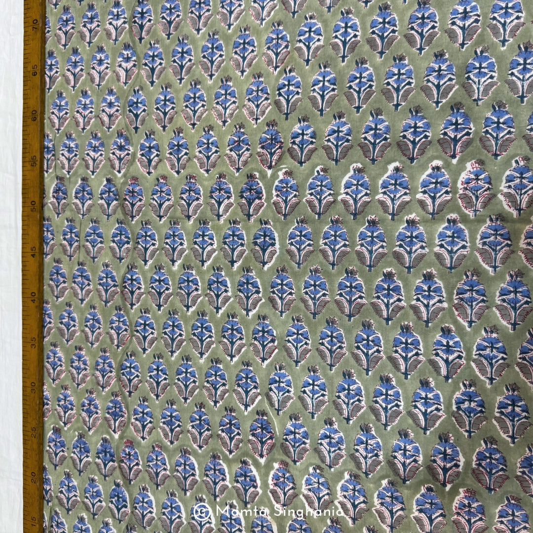 Light Green Floral Hand-Block Printed Cotton Fabric