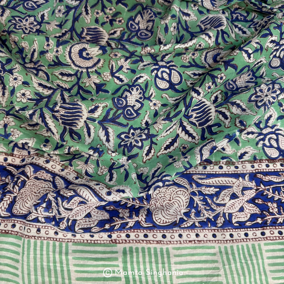 Hand-block Floral Printed Cotton Stole in Green & Blue Colour